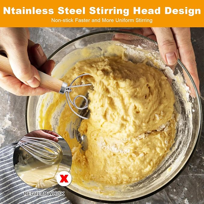 Aqdocvf 2-Pack Danish Dough Whisk, 13-Inch Dutch Whisk with Stainless Steel Ring, Dutch Bread Whisks for Sourdough, Pizza, Pastry, and Cookies, Essential Kitchen Cooking Safe Mixing Tool