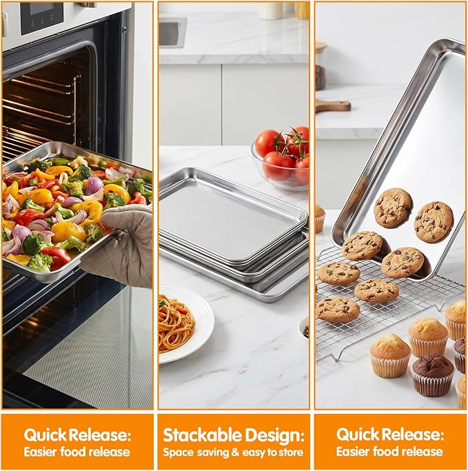 2 Pcs Baking Sheet 12.5" x 10" Stainless Steel Quarter Sheet Pan Set | Toaster Oven Pans for Baking, Metal Cookie Tray, Cookie Sheets Baking Pans, Nonstick for Cooking Toasting Dishwasher Safe