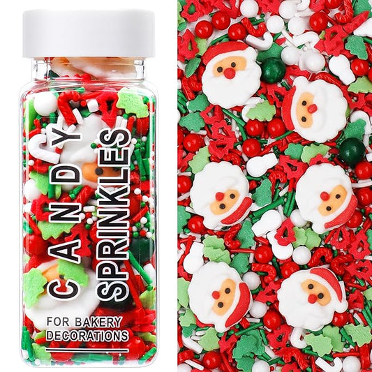Christmas Sprinkles for Baking, 4.6oz Sprinkles Mix with 6 Sugar Santa, Edible Tree, Snowmen, Cane, for Cupcake, Cookie, Ice Cream, Donuts and Cake Decorating
