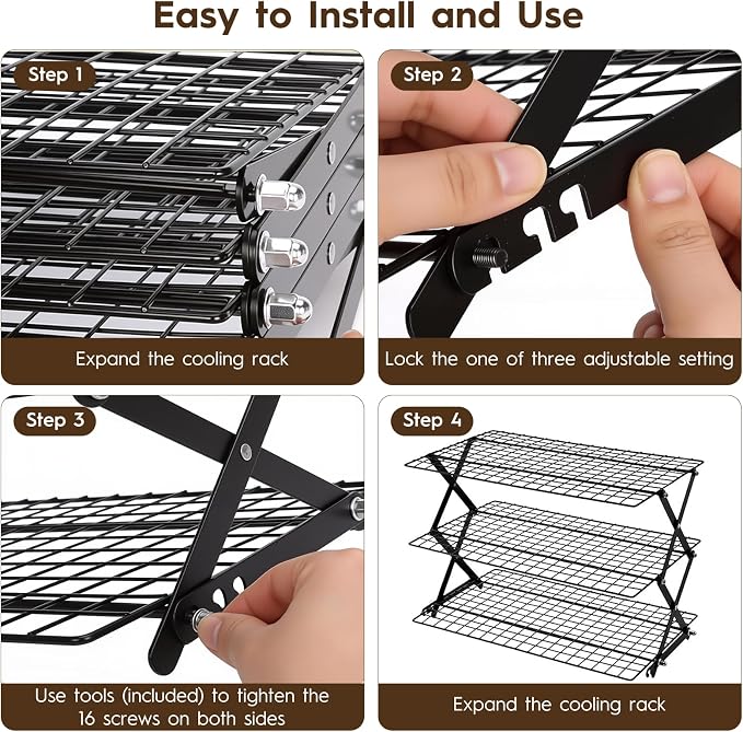 3-Tier Upgraded Stackable Cookie Cooling Rack-Collapsible Cooling Racks for Cooking And Baking Rack with Adjustable, Multifunctional Baking Cooling Rack for Cookies, Roasting, Countertop