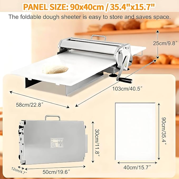 Folding Dough Sheeter, Stainless Steel Manual Dough Sheeter for Thicknesses from 0 to 25 mm, for Croissants, Pizza and Pasta, Pastry and Fondant, for Commercial and Home Use 400