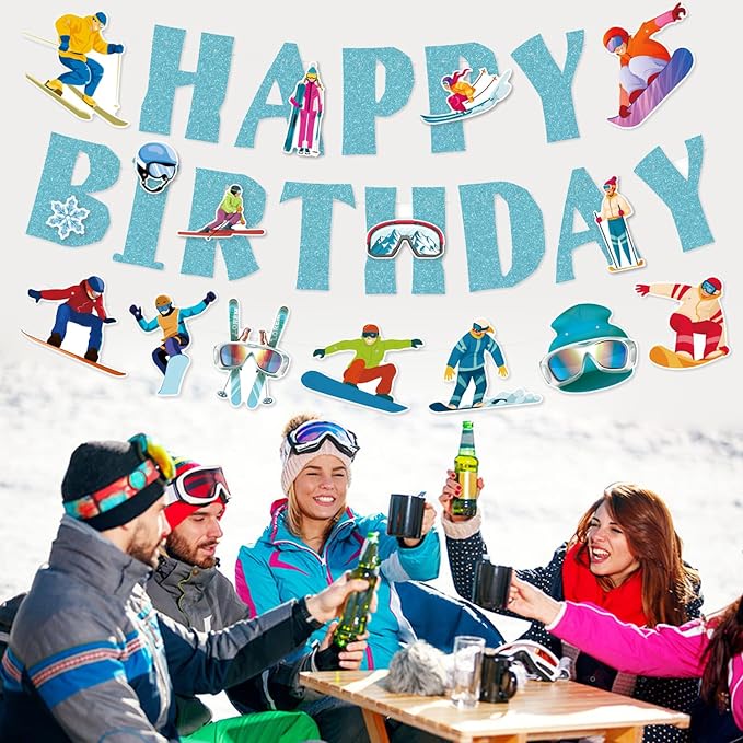 Zwiebeco Blue Skiing Happy Birthday Banner Bunting Garland Hanging Paper Party Decoration for Boys Girls Mens Womens Snow Skier Lover Winter Ski Snowboard Sports Themed Bday Decor Accessories Supplies
