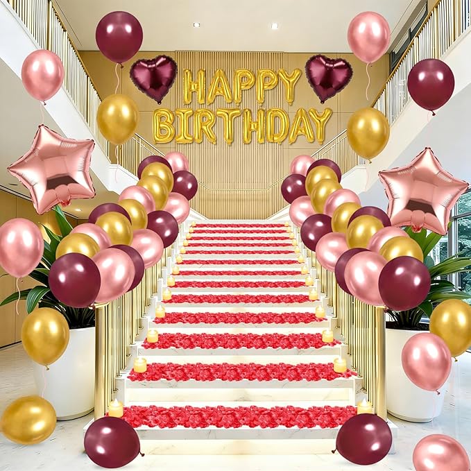 Burgundy Happy Birthday Balloons Decorations Burgundy Rose Gold Birthday Balloon Letters Banner with Star Heart Balloons Artificial Rose Petals 24 Flameless LED Candles for Birthday Party Supplies