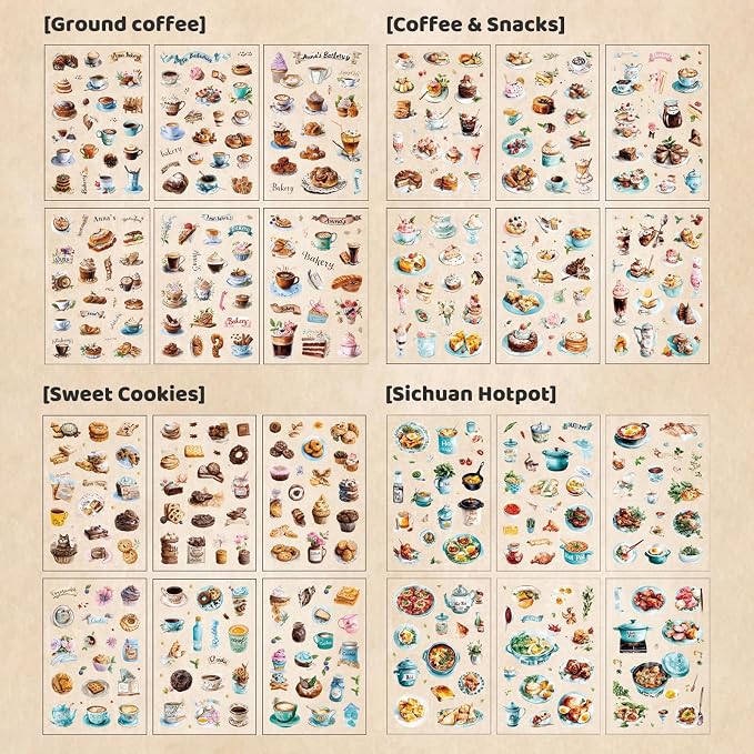 400PCS Food Stickers for Journaling & Scrapbooking – Coffee, Dessert, Donut, Cookie, Bread, Ice Cream & Hotpot Stickers for Planners, DIY, Cards & Junk Journals