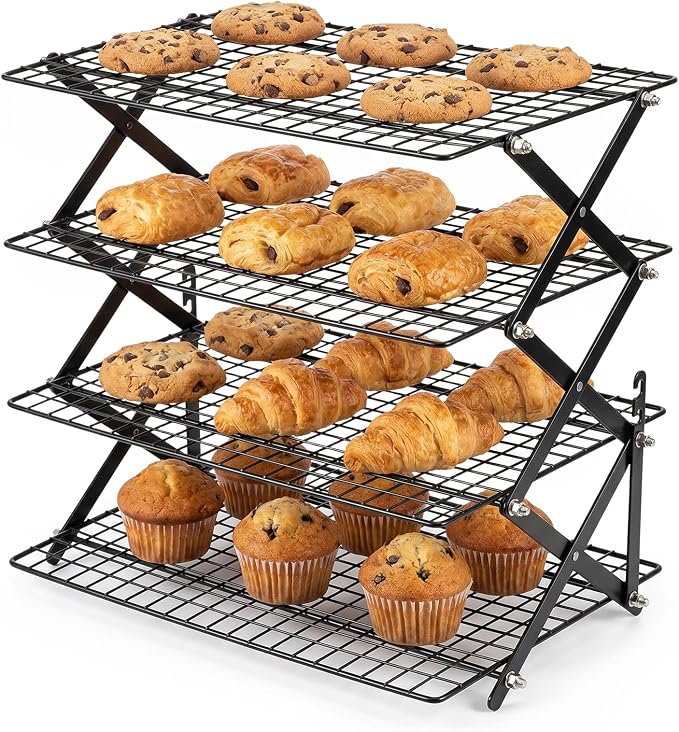 4 Tier Cooling Rack Adjustable Stackable Non-Stick Wire Rack Stainless Steel Baking Racks with Leak-Proof Mesh X-Shaped Structure for Roasting Cooking Cookies Cakes Drying Picnic Party