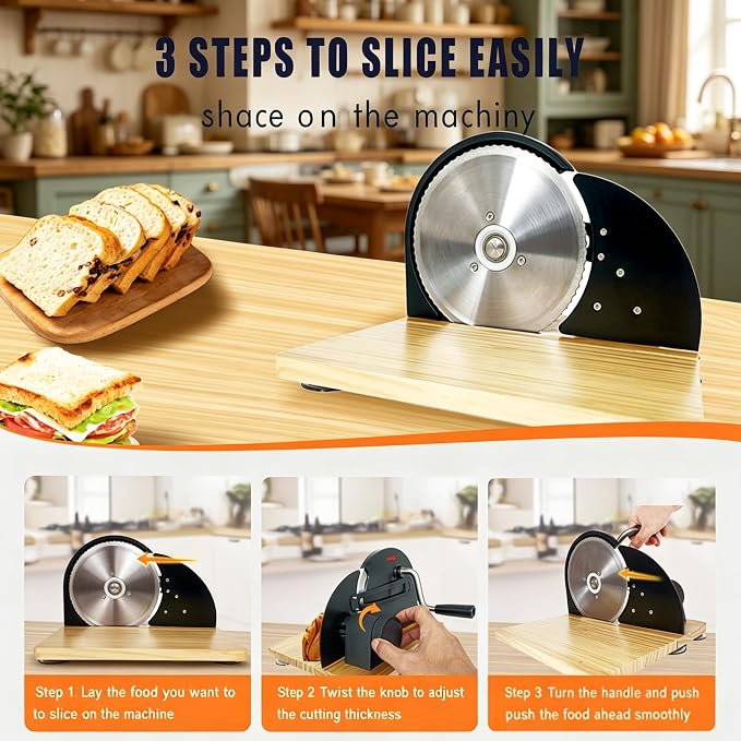 Manual Bread Slicer Adjustable Thickness with Foldable Solid Wood Base, Sourdough Bread Slicer for Homemade Bread, Hand Crank Sandwich Bread Cutter with Big Suction