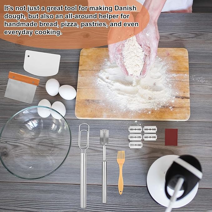 Danish Dough Whisk Set, Stainless Steel Bread Whisk Sourdough Mixer with Cutter Scraper Pastry Brush Knife & Storage Bag for Cooking Baking