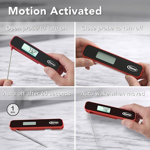 Sterno Digital Meat Thermometer for Cooking - Instant Read Food Thermometer with Motion Activated Auto-Wake, IPX5 Waterproof, Backlit Auto-Rotating Display & Internal Magnet for Grill, BBQ, Air Fryer