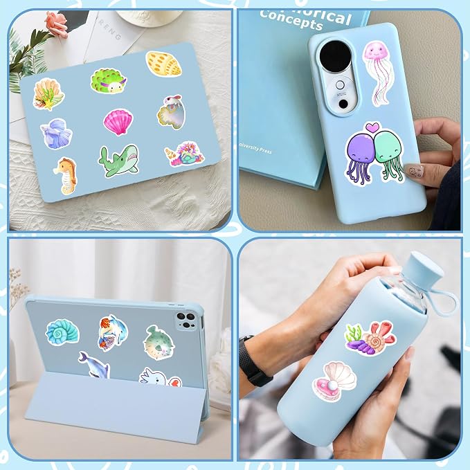 100 Pcs Ocean Stickers for Scrapbooking, Waterproof Vinyl Cute Sea Animal Stickers for Scrapbook Laptops Water Bottles, Decorative Decals for Teens Students Adults