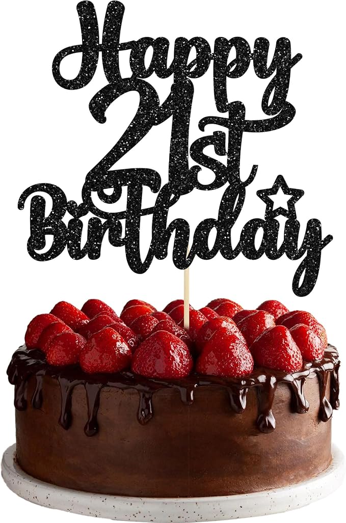 Gyufise 1Pc Happy 21st Birthday Cake Topper Glitter 21 & Fabulous Cheers to 21 Years Old Birthday Cake Pick for Celebrating 21st Anniversary Party Cake Decorations Black
