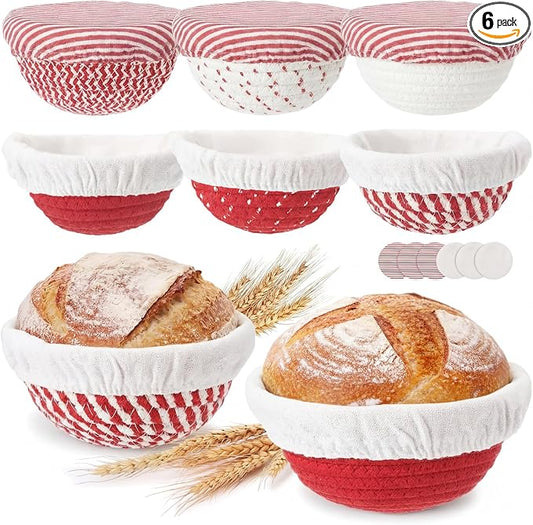 6 Set 5.5 Inch Mini Banneton Bread Proofing Basket Natural Cotton Rope Proofing Bowls Kit with Cloth Liner Small Sourdough Bread Baking Supplies for Home Baking (Red)
