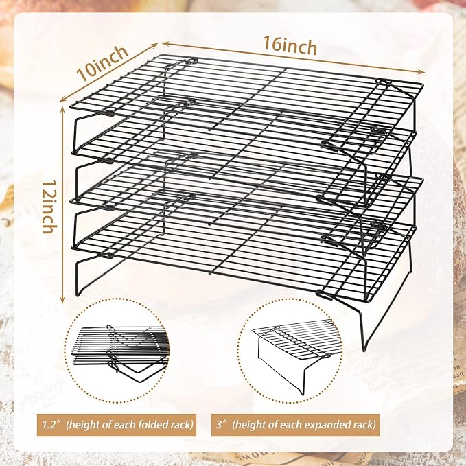 meekoo 2 Pack 4 Tier Cooling Rack Stackable Collapsible Folding Legs Stainless Steel Wire Rack for Baking Cooking Drying Roasting Cookies Bread Meat, 16 x 10 Inch