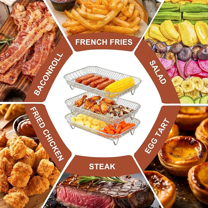 3-Tier Air Fryer Baskets, 7.79×5.23" Stackable Stainless Steel Racks for Ninja Foodi Dual Zone DZ071 DZ090 DZ201 DZ302 DZ401 DZ550 SL401, Rectangular Air Fryer Accessories with Silicone Feet