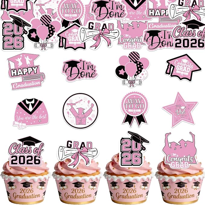 48pcs Edible 2026 Graduation Cupcake Toppers Wafer Paper Pink Class of 2026 Cake Decorations Edible Congrats Grad Cupcake Picks for 2026 Graduation Theme Party Cake Supplies