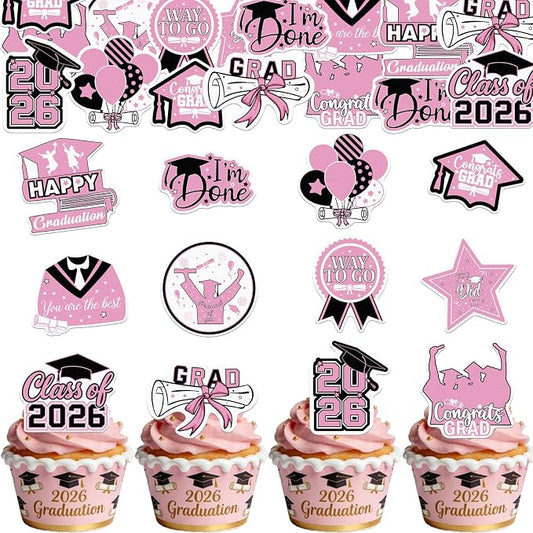 48pcs Edible 2026 Graduation Cupcake Toppers Wafer Paper Pink Class of 2026 Cake Decorations Edible Congrats Grad Cupcake Picks for 2026 Graduation Theme Party Cake Supplies