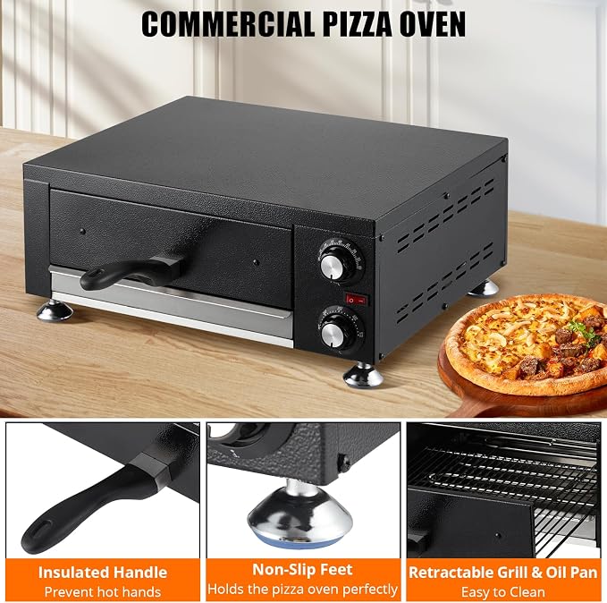 Commercial Pizza Oven Countertop, 14" Electric Pizza Oven for Indoor Use, Stainless Steel Electric Oven with Timer, Removable Crumb Tray, for Home Kitchen, Restaurant
