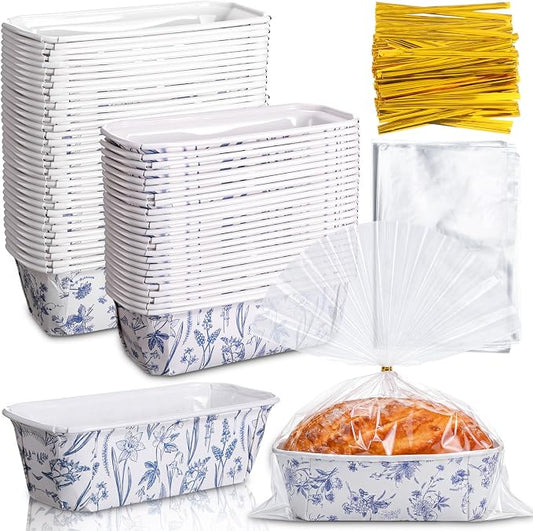 Hushee 50 Sets Blue Floral Paper Loaf Pans with Bags, 6.3x2.2x2.2" Disposable Mini Bread Baking Molds Kit Vintage Blue White Flower Cake Liners for Wedding Favors Bridal Shower Birthday Gifts