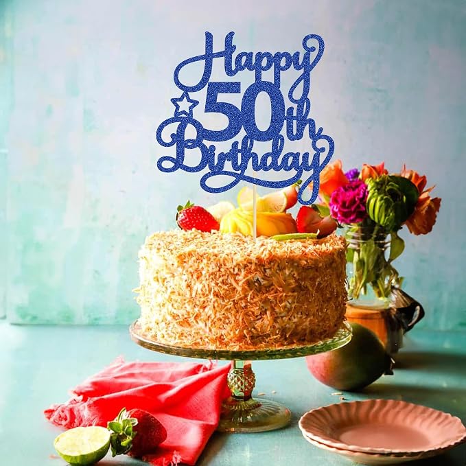1 Pack Happy 50th Birthday Cake Topper Blue Glitter 50 & Fabulous Cheers to 50 Years Old 50th Birthday Cake Pick for Celebrating 50th Birthday Anniversary Party Cake Decorations Supplies