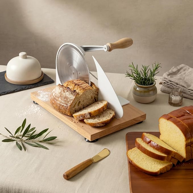 Bread Slicer for Homemade Bread – Adjustable Manual Bread Cutter for Sourdough Bread, Even Slices with Hand Crank, Serrated Blade, Scale Guide & Secure Base