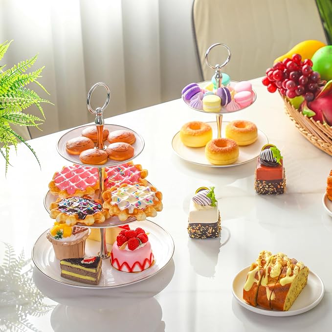 Teenyyou 8 Pack 3 Tier Cupcake Stand Bulk Tiered Dessert Stand Thick Plastic Serving Tray with Gold Edges Dessert Table Display Set Tea Cake Holder for Wedding Birthday Party(Silver White,Round)