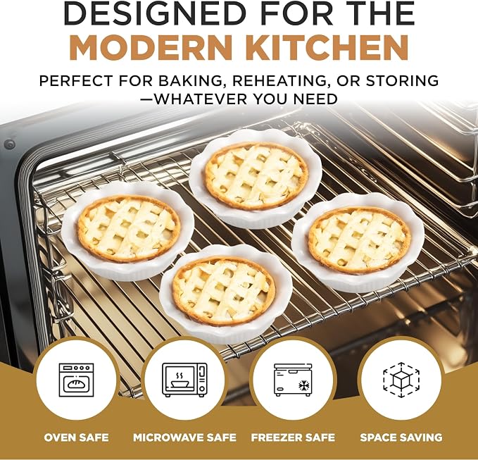 Aunt Shannon's Kitchen White Ceramic Mini Pie Pans - Set of 4 - Small 5.5 Inch Pie Pans with Classic Fluted Rims - Individual Apple Pie, Quiche, Puddings,Tart, Oven and Microwave Safe, White