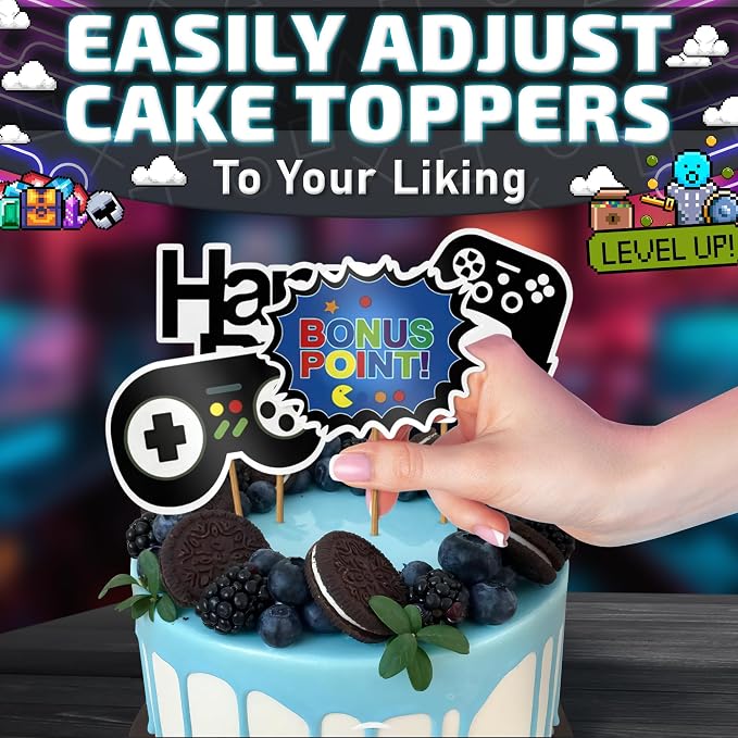13 Pcs Gamer Cake Topper - Sturdy Cardboard Gamer Cake Decorations with Detailed Gamepads, Video Game Cake Topper Easy & Firm Installation Sticks - Splashy Video Game Decorations for Boys & Girls