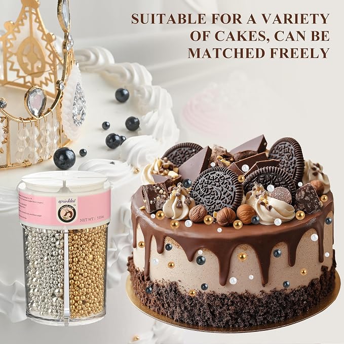 Homankit Edible Pearl Sprinkles for Baking, Gold Silver Black and White Sugar Pearls Cake Decorations for Cupcake Toppers Cookie Decorating Birthday Party Wedding Valentines Christmas Supplies