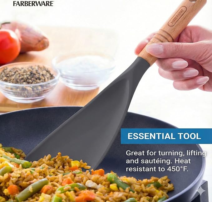 Farberware Pro Spoonula with Grey and White Speckle Design - Beechwood Handle with Hang Hole - Flexible Scraper Spoon for Mixing, Scraping, and Serving in Kitchen
