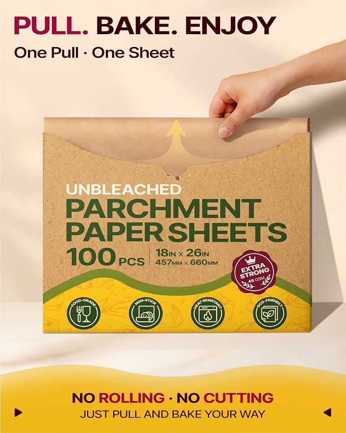 Katbite Parchment Paper Sheets Heavy Duty, 18x26 Inches 100 PCS Precut Baking Parchment, Unbleached, Non-stick, Non-toxic, Extra Strong, Flat Baking Paper for Oven, Cooking, Grilling, Air Fryer