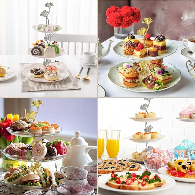 uxcell 2 Tiers Cake Tray Stand Handle 3 Set Metal Cake Stands Holder Cupcake Dessert Plate Hardware Fitting Holder Rod Stand Handle for Wedding Party Festival Cake Plate, Silver (Flower)