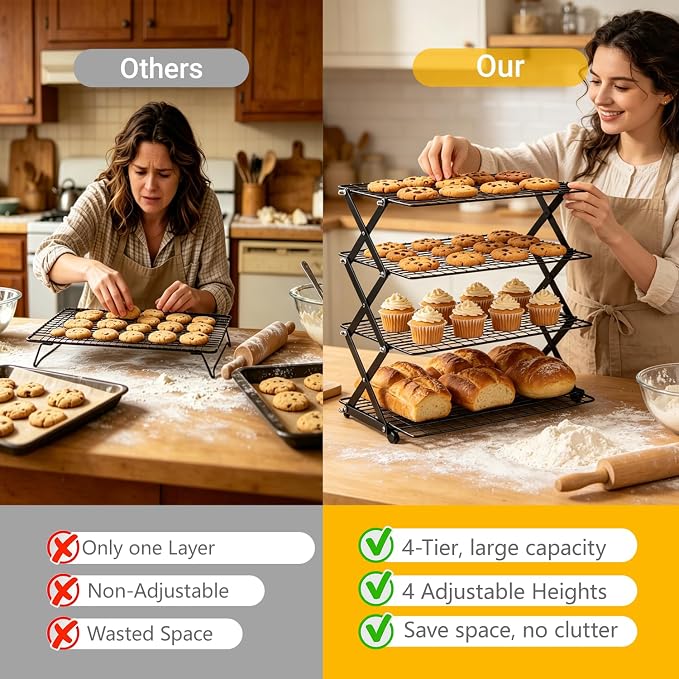 Cooling Racks - Upgraded 4 Tier Collapsible Bread Cooling Rack with Adjustable 3 Setting Design Foldable Stackable Wire Cookie Rack Large Cookie Cooling Racks for Cooking and Baking Gifts for Women