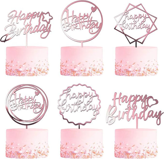6-Pack Rose Gold Birthday Cake Topper Set, Double-Sided Glitter, Acrylic Happy Birthday Sign Cake Toppers/Cupcake Toppers, Party Decorations Supplies for Girls and Mom.