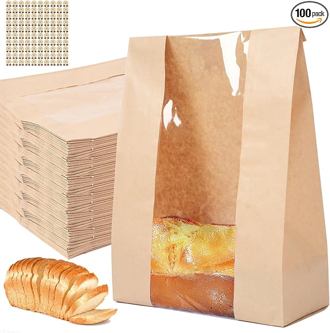 100 pack bread paper bags with window, including 100 homemade bread storage label seal stickers (13.7x8.3x3.5 inches)