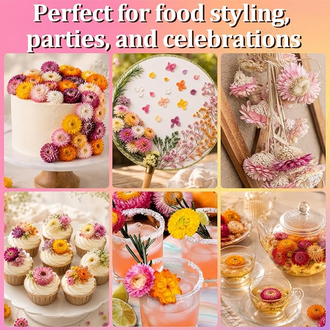 130+ Edible Dried Mixed Flowers for Cake Decorations - Food Grade Natural Color Strawflower, Dried Flower for Drink Toppers, Cocktail Garnish, Cupcakes & DIY Crafts