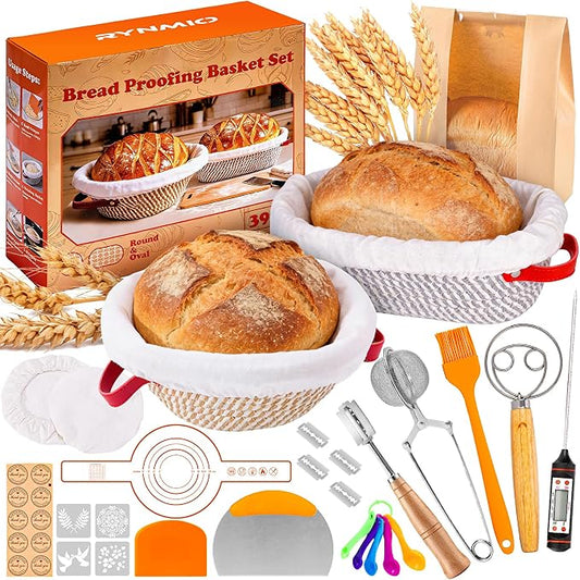 Sourdough Bread Baking Supplies, Cotton Rope Sourdough Starter Kit with 9'' Round & 10'' Oval Banneton Basket with Non-Stick Dutch Oven Liner & Covers, Sourdough Gift for Bakers Women Wife Mom(39pcs)
