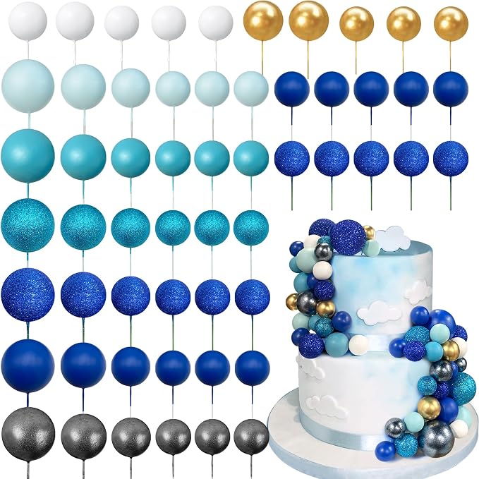 56 PCS Colorful Ball Shaped Cake Topper Pearl Balls Cupcake Cake Insert Topper for Birthday Party Wedding Decoration Supplies Blue Series Eight Colors
