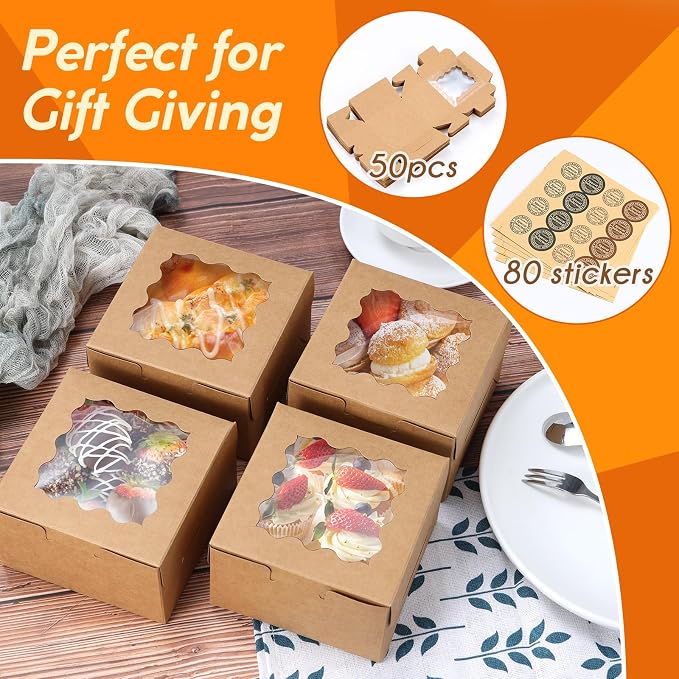 Brown 50pcs Cookie Boxes for Gift Giving, 4x4x2.5 Inches Small Bakery Boxes with Window, Kraft Paper Treat Boxes, Pastry Boxes for Dessert, Macarons, Cupcake, Donuts,Valentine, Wedding & Home Use