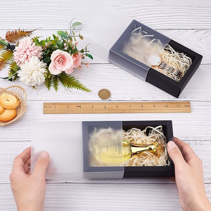 BENECREAT 12 Packs Large Black Kraft Paper Gift Box Rectangle Drawer Box with Clear PVC Windows 6.5x4x1.5 for Wedding Party Treats, Bakery, and Valentine's Gift Packaging