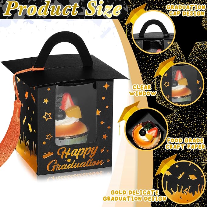 Outus 30 Pcs Graduation Cupcake Boxes Graduation Gift Box Congrats Grad Cupcake Container Candy Boxes with Window and Tassel for 2026 College High School Grad Party (Black and Orange)