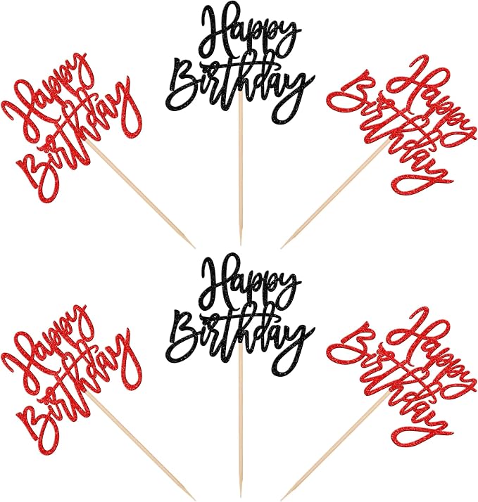 24 PCS Happy Birthday Cupcake Toppers Glitter Happy Birthday Cupcake Picks for Celebrating Anniversary Theme Party Cake Decorations Supplies Black Red