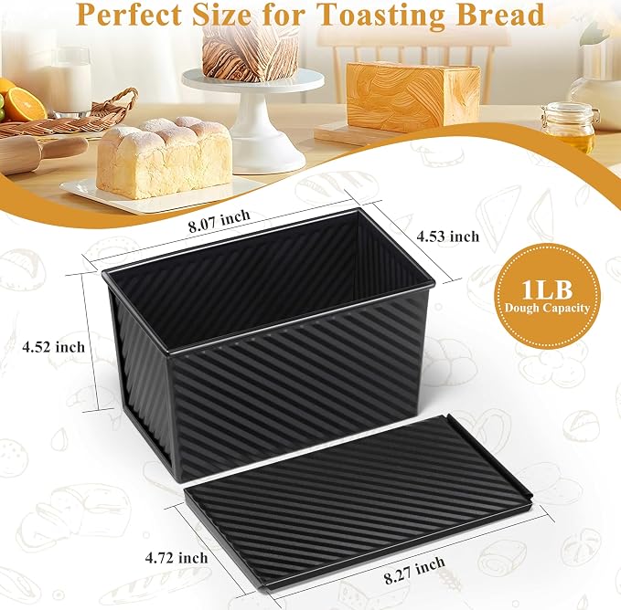 LIANYU 2 Pack Pullman Bread Loaf Pan with Lid, 1 Pound Dough Nonstick Loaf Baking Pans, Metal Bakeware for Sourdough Sandwich Homemade Bread, Carbon Steel Corrugated Toast Tin, Black