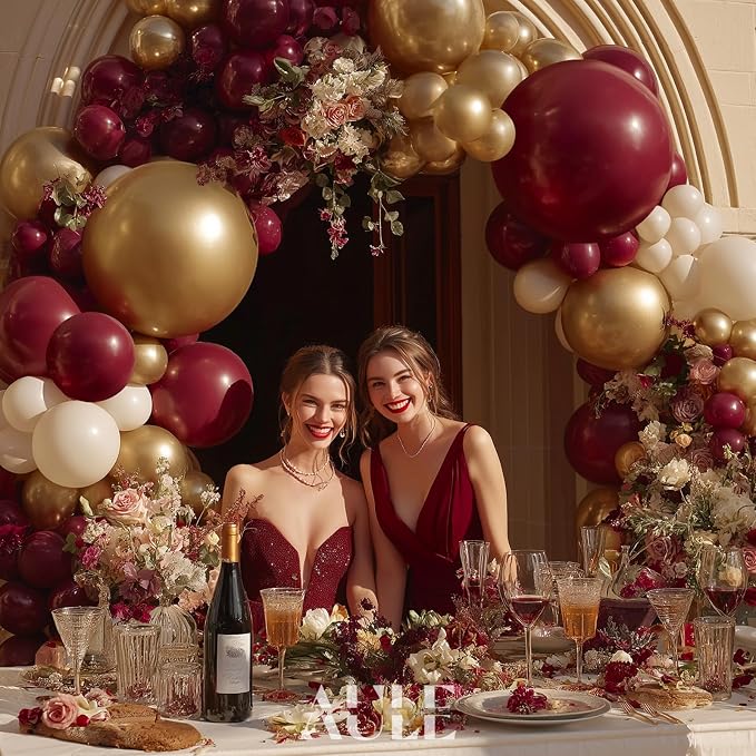 AULE Burgundy Balloon Arch Kit 155Pcs Burgundy Gold Sand White Maroon Balloons Garland for Birthday Wedding Graduation Anniversary Bridal Shower Theme Party Decoration
