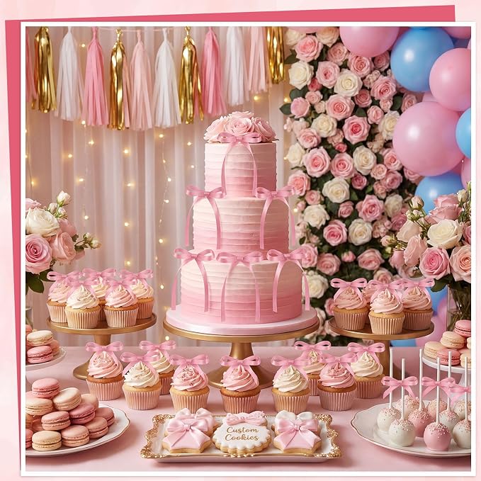 30 Pack Bow Cake Toppers Rose Pink Ribbon Bows for Cake Bow Cupcake Toppers Pink Bow Birthday Decorations for Baby Shower, Wedding, Engagement, Bachelorette Party, Graduation Decoration