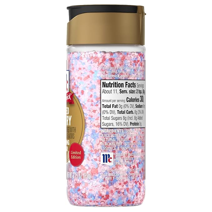 McCormick Finishing Sugar, Mixed Berry, Limited Edition, Sweet Berry Flavors, Sprinkle on Breakfast and Dessert Favorites, Garnish Beverages, 3.15 oz