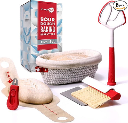 KneadAce Sourdough Kit, Sourdough essentials tools including oval proofing basket, oval bread sling, bread lame, bench scraper and baker's brush set and dough wand