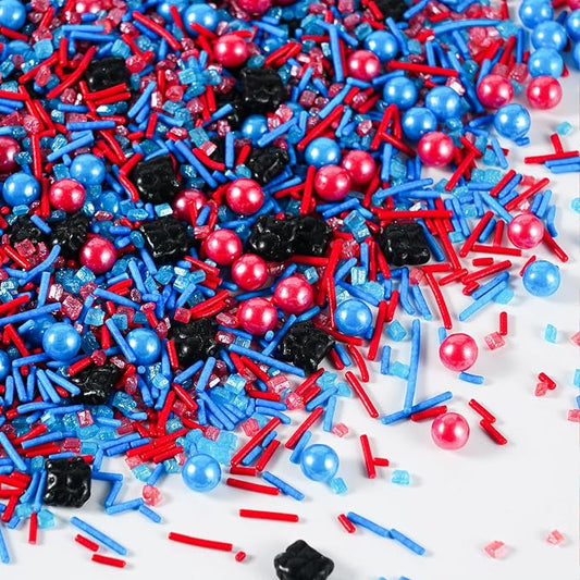 Edible Spiderman Sprinkles 7 oz - Superhero Red Blue Sprinkles with Black Spider for Birthday Cake Decorating, Spider Web Cupcake Topper & Party Baking Supplies - Jimmies, Nonpareils, Pearls, Sanding Sugar Mix
