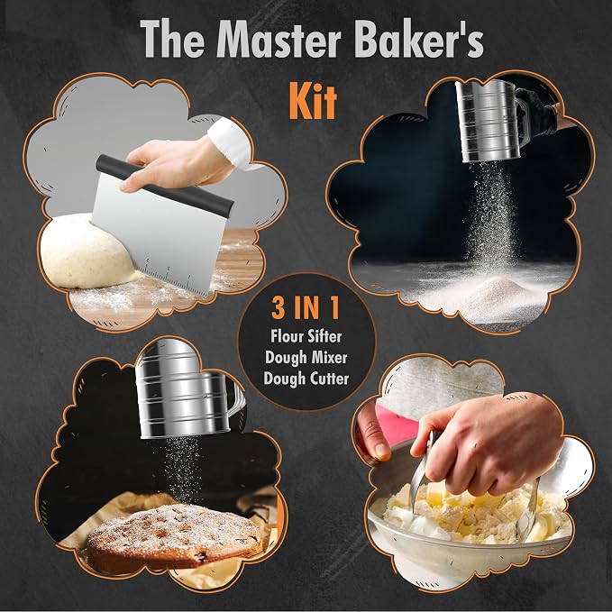 Flour Sifter For Baking, Fine Mesh Hand Crank Flour Sifter With 4 Wire Agitator Loop for Baking Stainless Steel Sifter for Powdered Sugar for Baking, Large Flour Sifter Tools 3 Cup Sets
