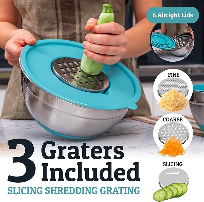 Priority Chef 6pc Stainless Steel Mixing Bowls with Lids Set, 7 Qt, Turq | 6pc Non-slip nesting bowls 1-7 qt, 3 graters & interior measurement marks; for meal prep, baking & airtight fridge storage