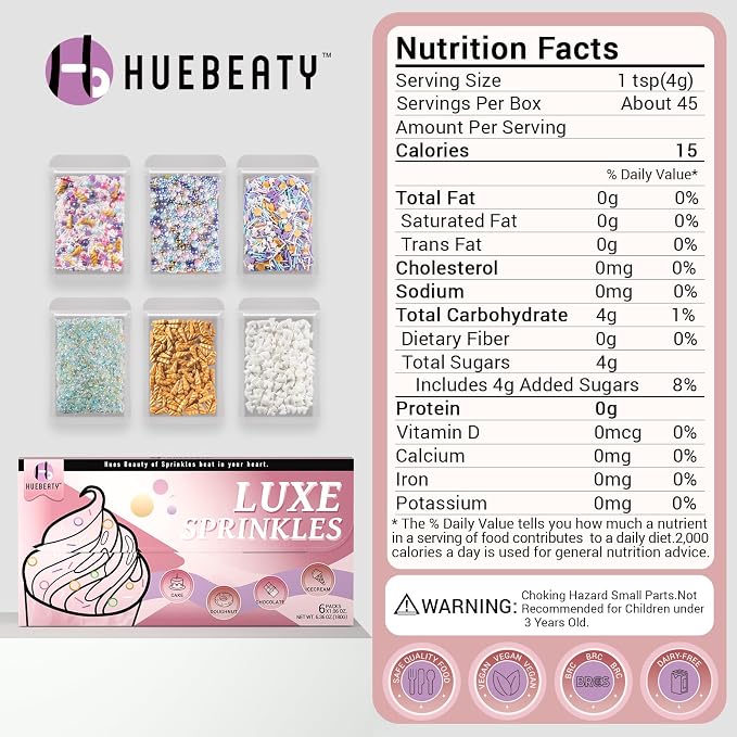 HUEBEATY 6-in-1 Unicorn Sprinkles Edible Set – 180g Unicorn Golden Horn Candy, Star Confetti & Jimmies Mix, Pearls & Sugar Crystals – Edible Unicorn Cake Decorations for Cupcakes, Cookies, Ice Cream & Birthday Desserts
