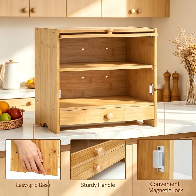 2 Tier Bread Box with Slicer and Cutting Board Extra Large | Bread Storage,Keep Bread Fresh,Natual Bamboo,Large Capacity,Space-Saving,Acrylic Window,For Homemade Bread,Kitchen Storage